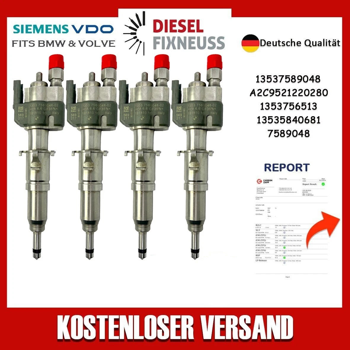 4x Fuel Injector BMW 1/3/5 Series | Part No: 13537589048-02/13537565138 Benzin | Compatible with N45/N43/N53 Engines | Includes Copper Ring, O-Ring, Test Report