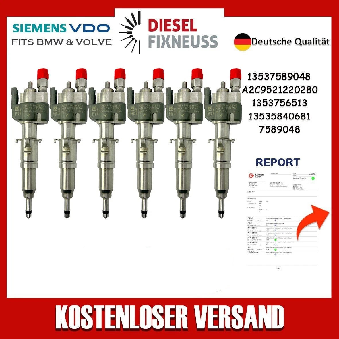 6x Fuel Injector BMW 1/3/5 Series | Part No: 13537589048-02/13537565138 Benzin | Compatible with N45/N43/N53 Engines | Includes Copper Ring, O-Ring, Test Report