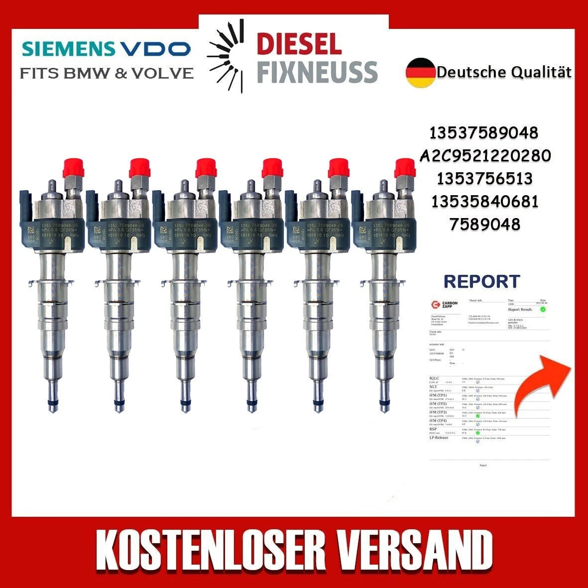 6x Fuel Injector BMW 1/3/5 Series | Part No: 13537589048/13537585261-09 Benzin | Compatible with N45/N43/N53 Engines | Includes Copper Ring, O-Ring, Test Report
