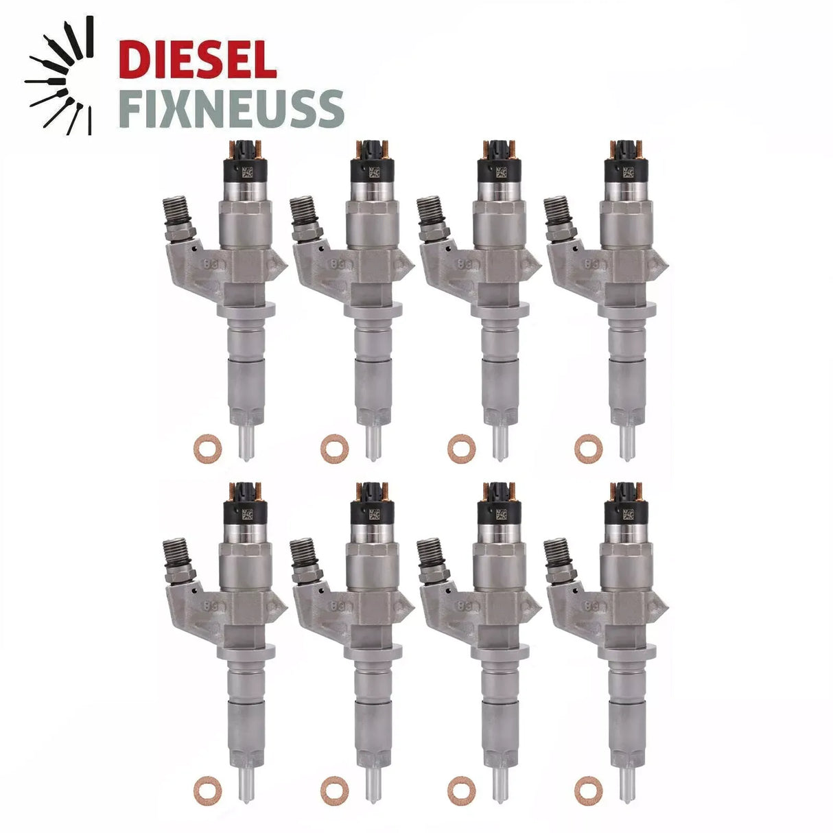 8x BOSCH injector 0445120008 for GMC ISUZU CHEVROLET 6.6L diesel engines. Compatible with LBZ engine codes. OEM quality replacement part.