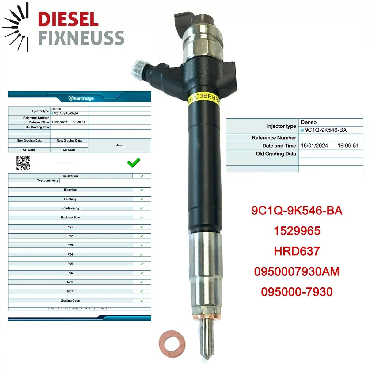 DENSO Injector 9C1Q-9K546-BA for Ford Transit 2.4 TDCi (2006-2014) with test report. Compatible with all engines 74-103 KW.