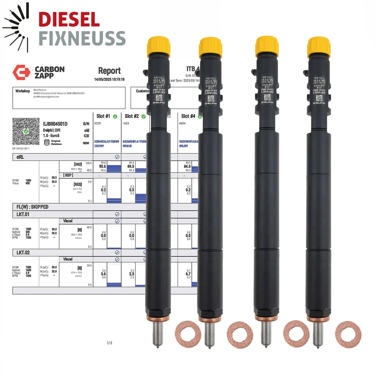 4x Delphi EJBR04501D fuel injectors for SsangYong 2.0 XDi engines, incl. test report. Compatible with Actyon, Kyron, and Rexton models (2005–2015). OE ref: A6640170121.