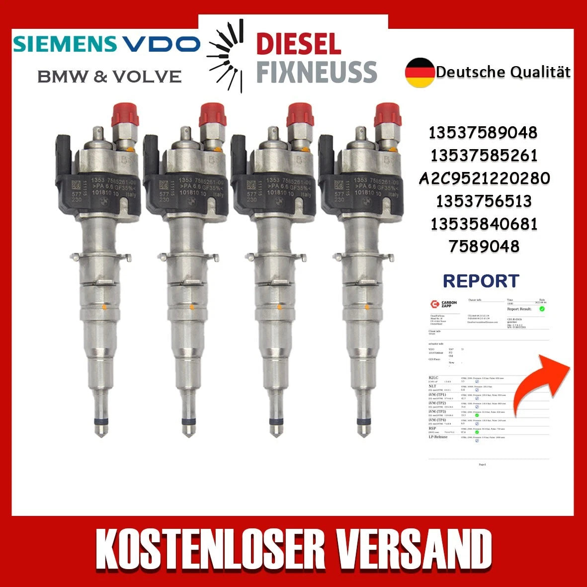 4x Fuel Injector BMW 1/3/5 Series | Part No: 13537589048/13537585261-09 Benzin | Compatible with N45/N43/N53 Engines | Includes Copper Ring, O-Ring, Test Report