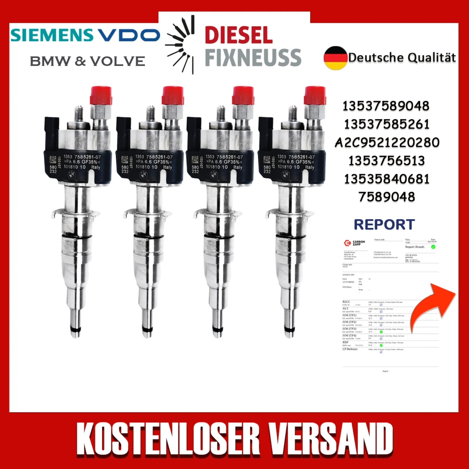4x Fuel Injector BMW 1/3/5 Series | Part No: 13537589048/13537585261-07 Benzin | Compatible with N45/N43/N53 Engines | Includes Copper Ring, O-Ring, Test Report