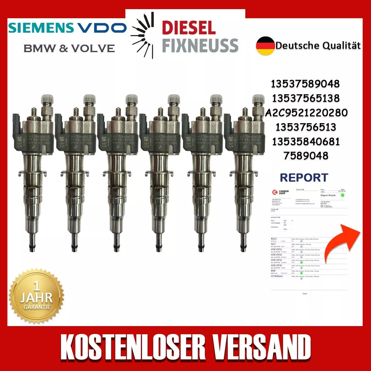 6x Einspritzdüse Passt für BMW Benzin 1er 3er 5er 6er 13537589048-05 / 13537565138