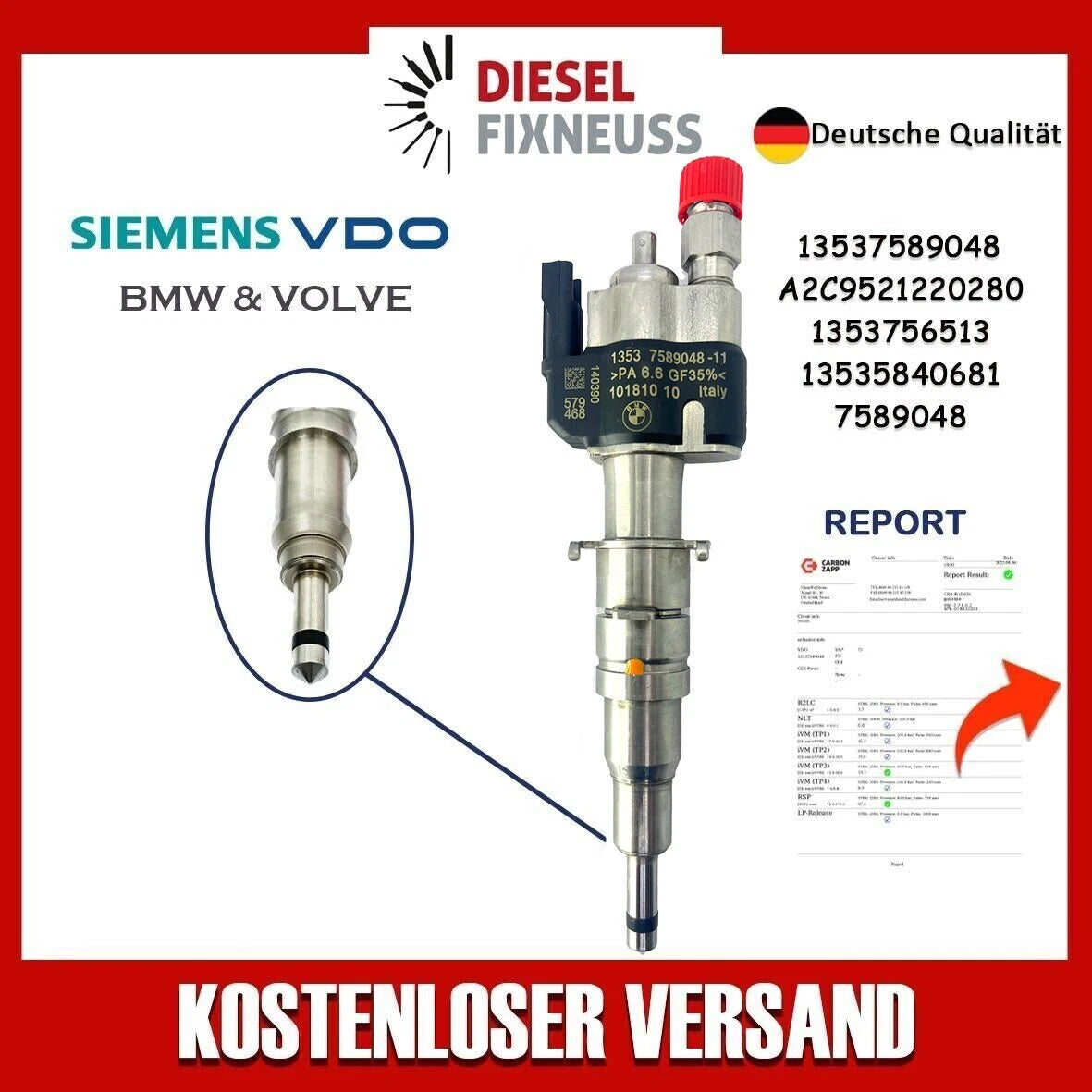 Fuel Injector BMW 1/3/5 Series | Part No: 13537589048/13537585261-11 Benzin | Compatible with N45/N43/N53 Engines | Includes Copper Ring, O-Ring, Test Report