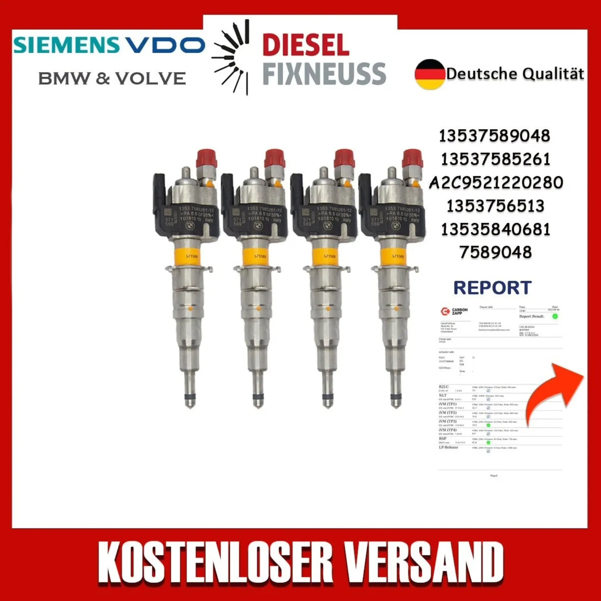 4x Fuel Injector BMW 1/3/5 Series | Part No: 13537589048/13537585261-12 Benzin | Compatible with N45/N43/N53 Engines | Includes Copper Ring, O-Ring, Test Report