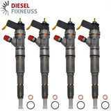 Set of 4 Bosch Injectors (0445110055) with Test Report for Mercedes-Benz E-Class W211, VF211, S211 (2002-2009). Compatible with 2148cc and 2685cc CDI engines, including E 200 CDI, E 220 CDI, and E 270 CDI models (102-177 HP). Part numbers: A6110701187, 0986435134, 0986435133.