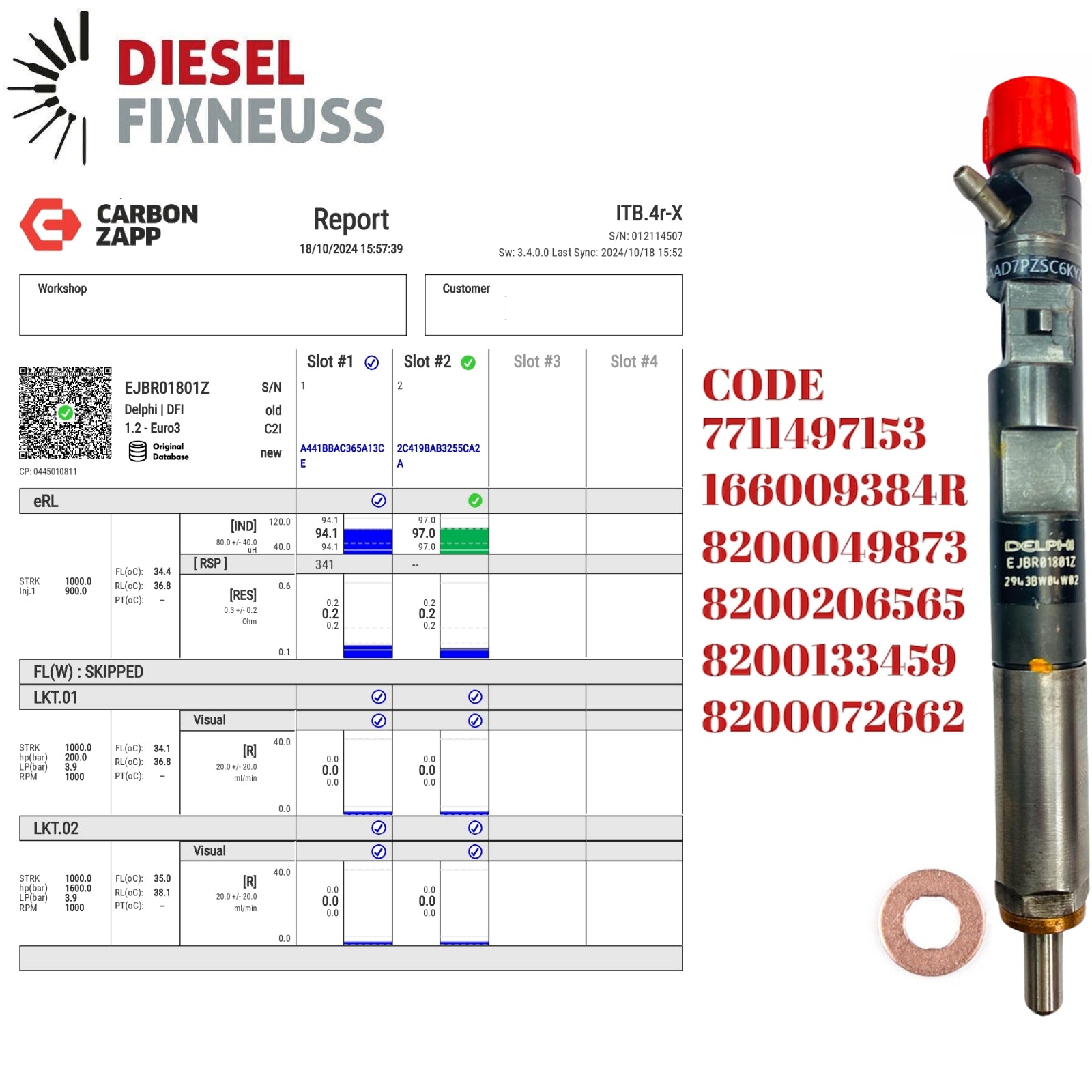 Diesel EJBR01801Z Delphi Injector Report on Carbon Zapp Test Machine