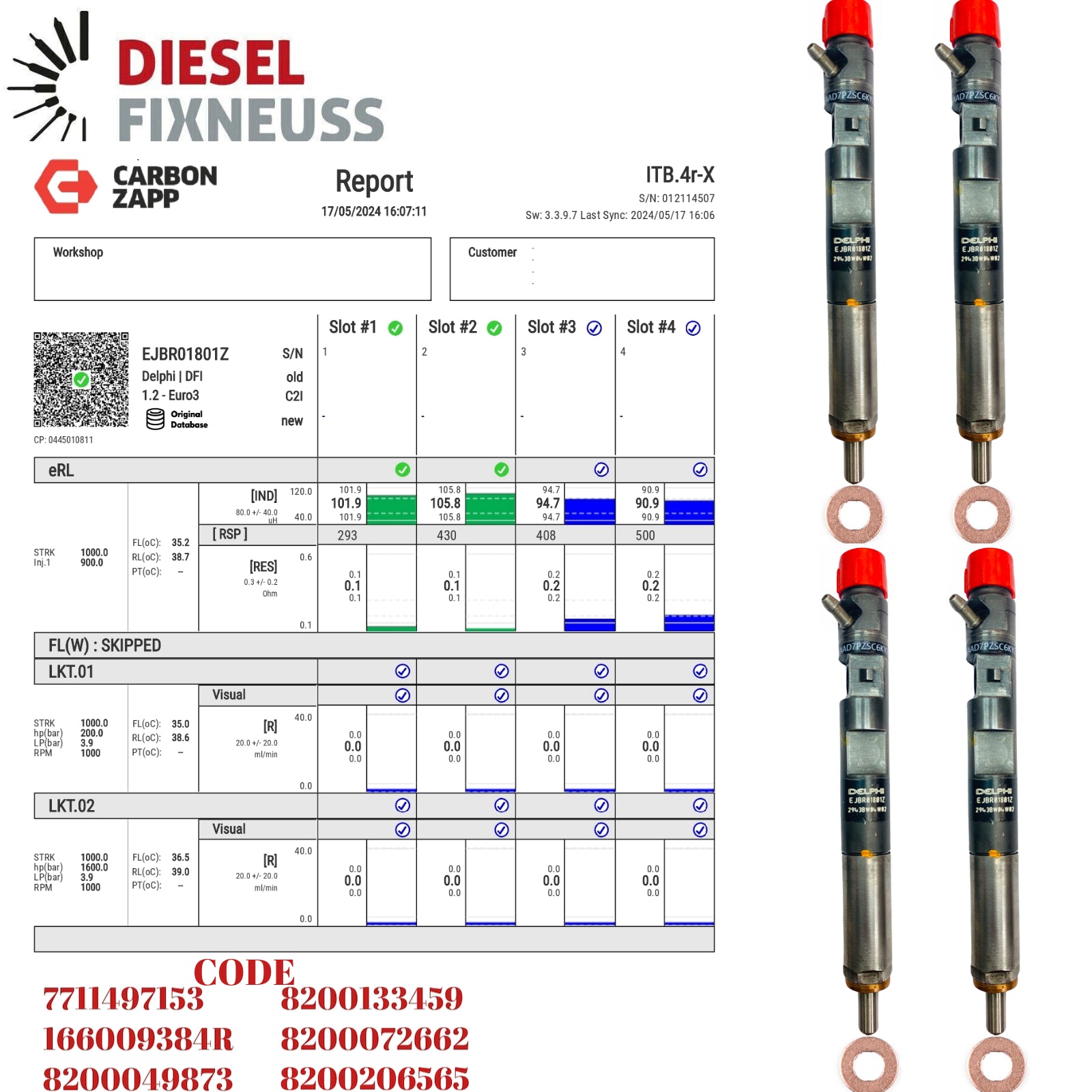 Diesel EJBR01801Z Delphi Injector Report on Carbon Zapp Test Machine