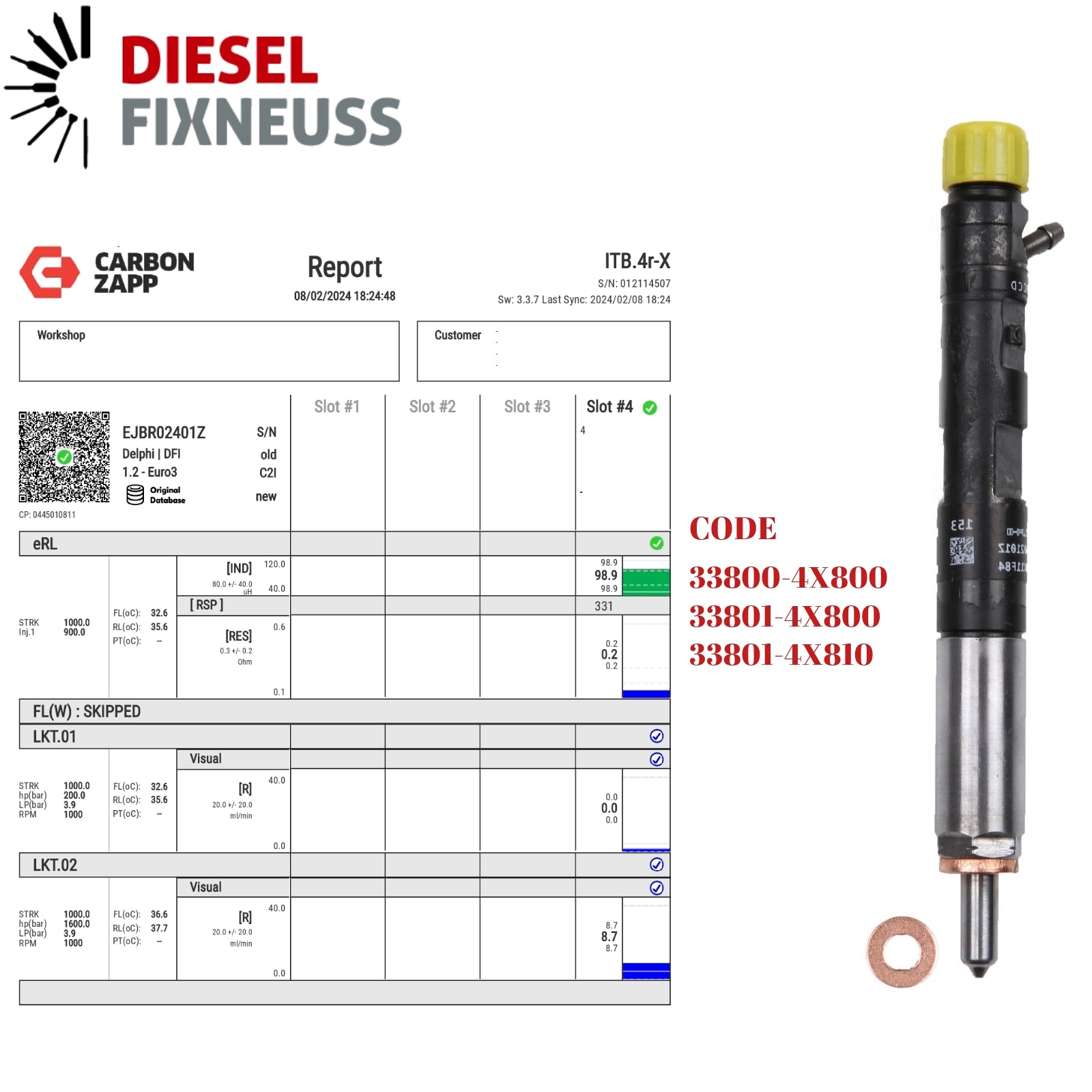 Diesel EJBR02401Z Delphi Injector Report on Carbon Zapp Test Machine