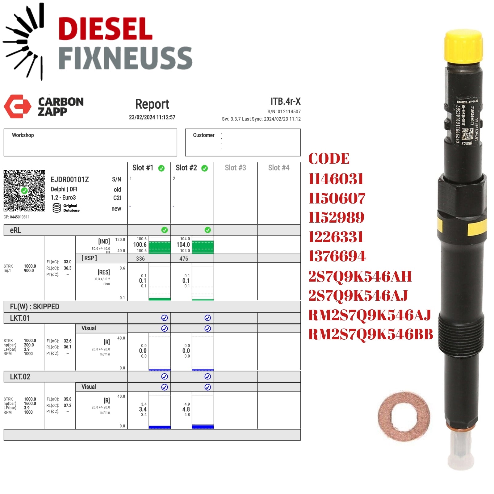 Diesel EJDR00101Z Delphi Injector Report on Carbon Zapp Test Machine