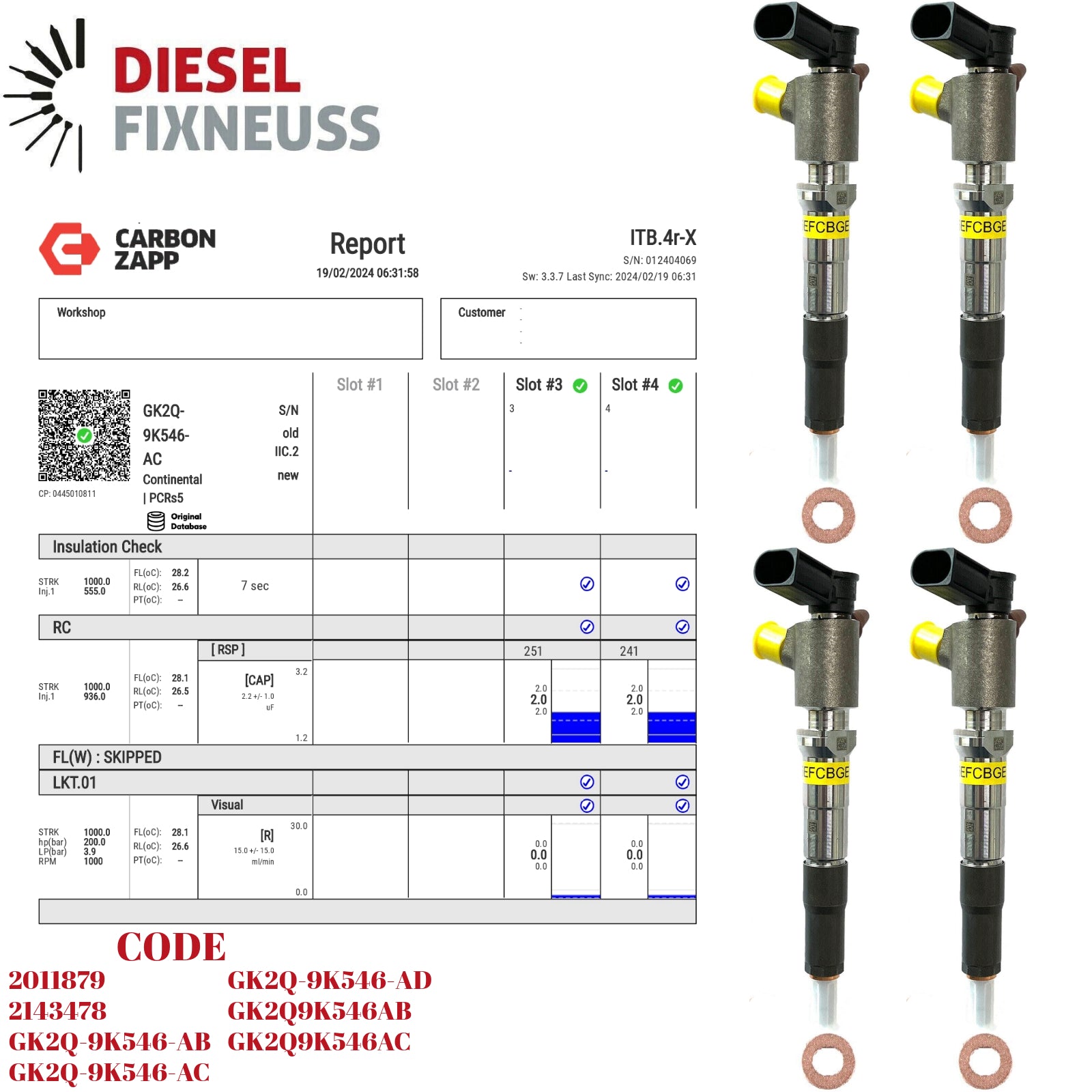 Diesel GK2Q-9K546-AC Denso Injector Report on Carbon Zapp Test Machine